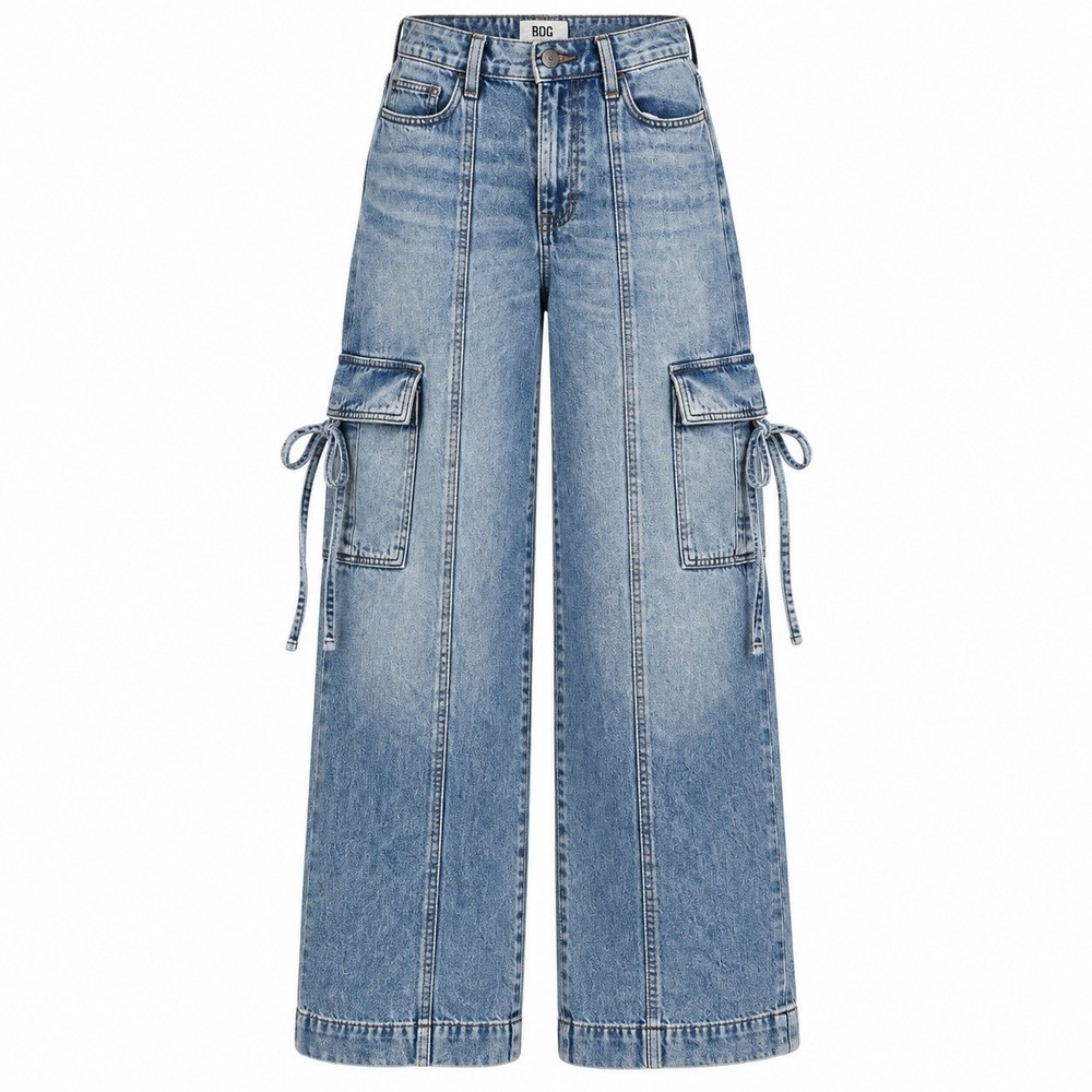 SO Womens XS High Rise Cargo Wide Leg Jeans Light Wash Blue Cute Tied Pockets